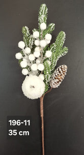 Crenguță artificială de Crăciun cu măr alb, con și bobițe ninse, 35 cm, set 10 bucăți